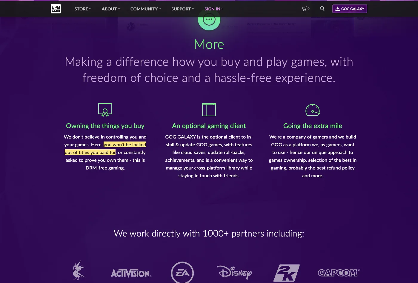 Screenshot of section About page on www.gog.com, with the quoted phrase highlighted.