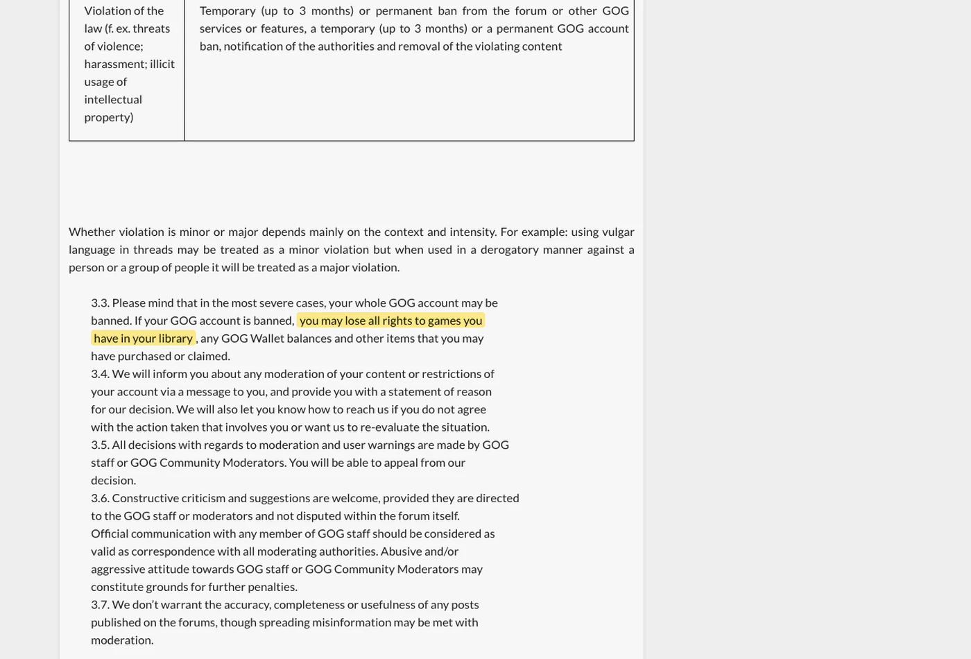 Screenshot of section 3.3 on support.gog.com, with the quoted phrase highlighted.