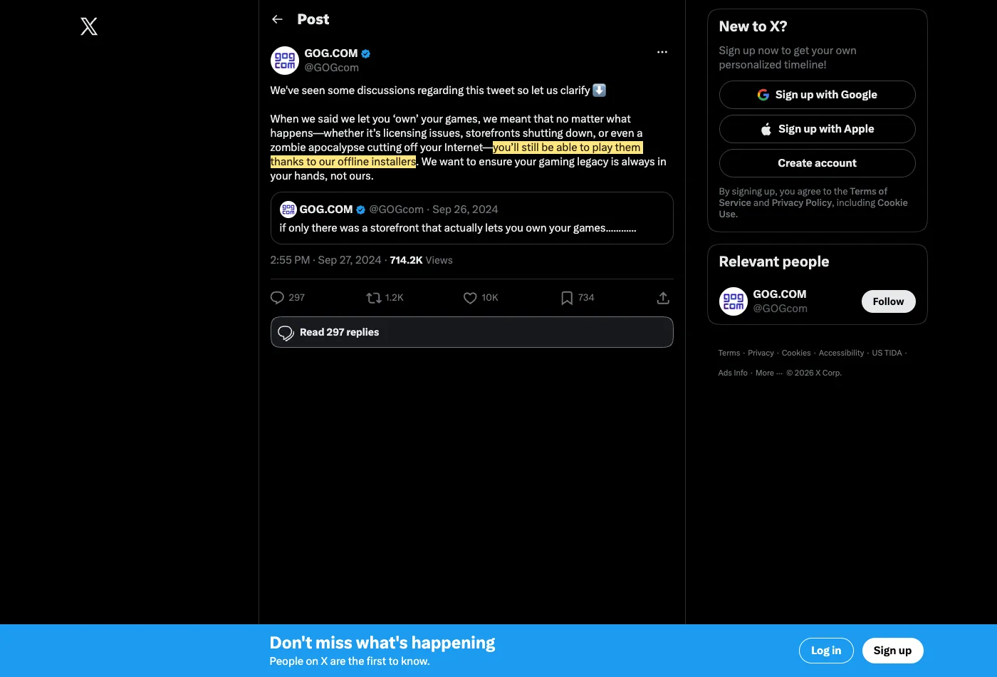 Screenshot of section Post on x.com, with the quoted phrase highlighted.
