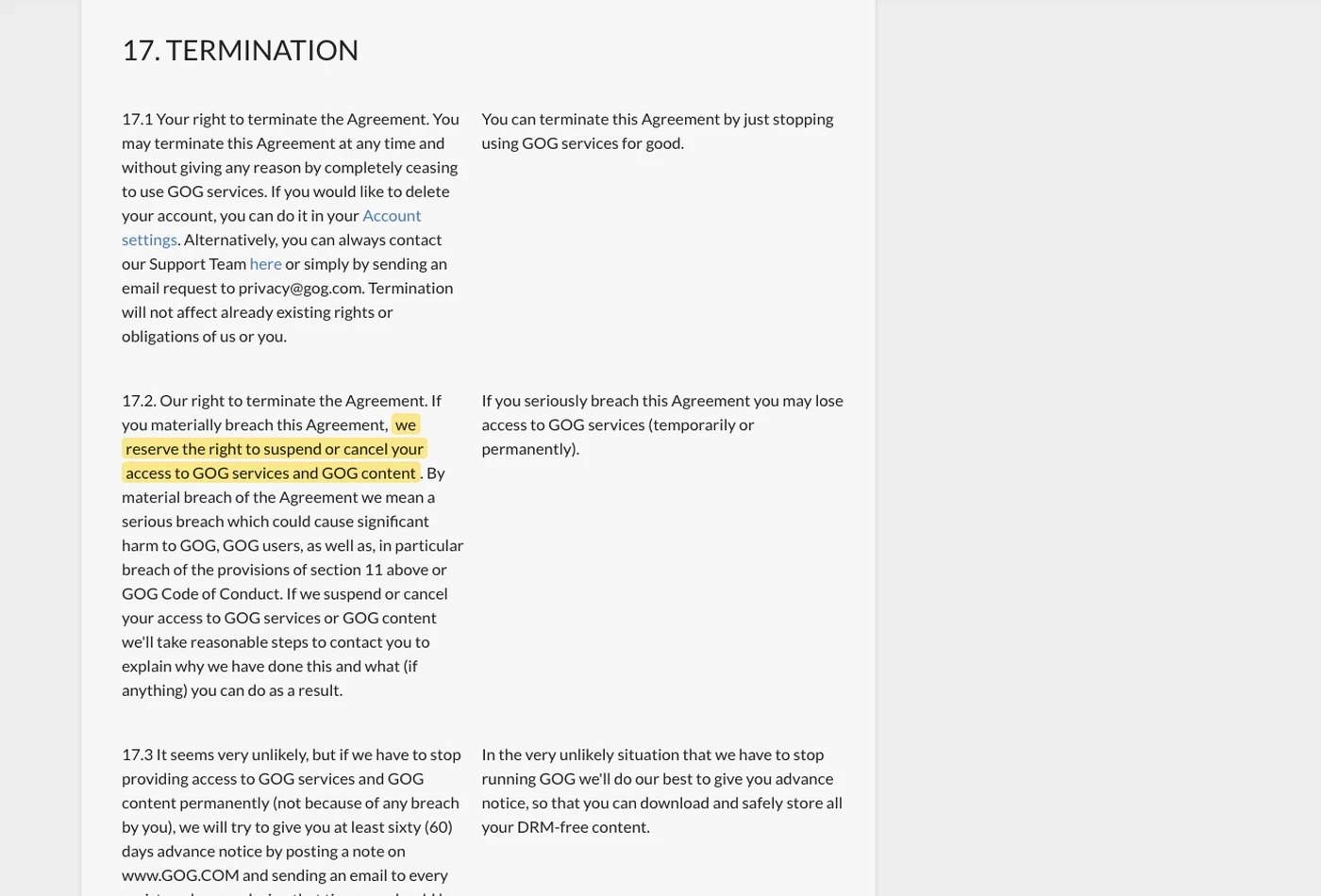 Screenshot of section 17.2 on support.gog.com, with the quoted phrase highlighted.