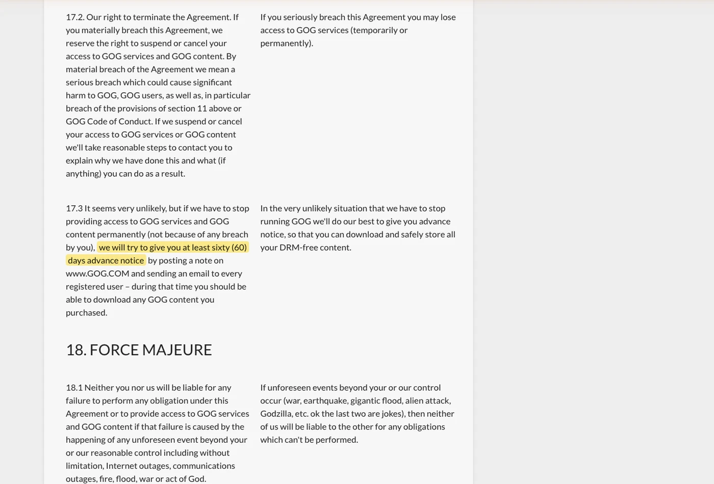 Screenshot of section 17.3 on support.gog.com, with the quoted phrase highlighted.