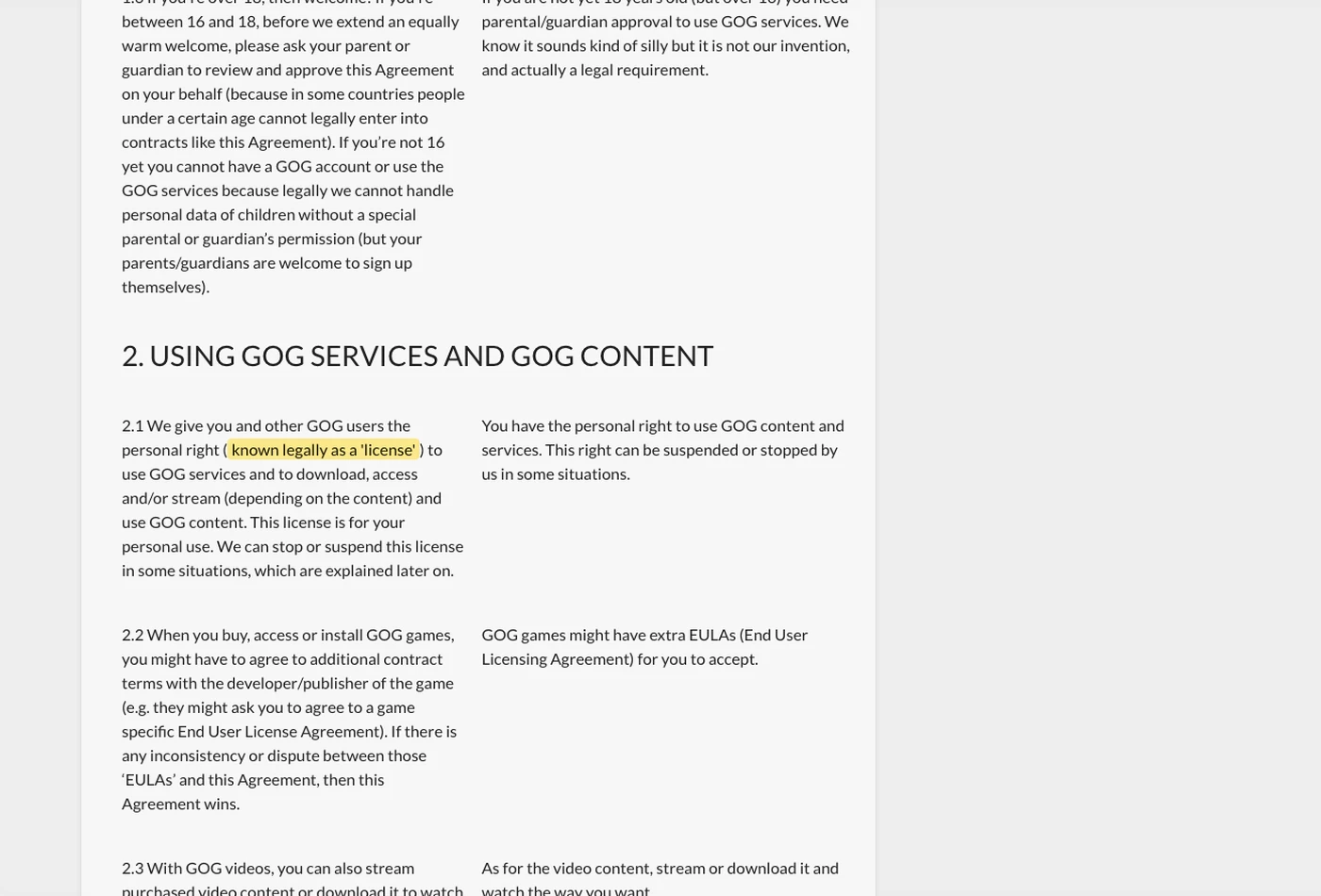 Screenshot of section 2.1 on support.gog.com, with the quoted phrase highlighted.