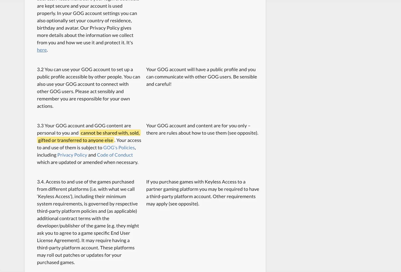 Screenshot of section 3.3 on support.gog.com, with the quoted phrase highlighted.