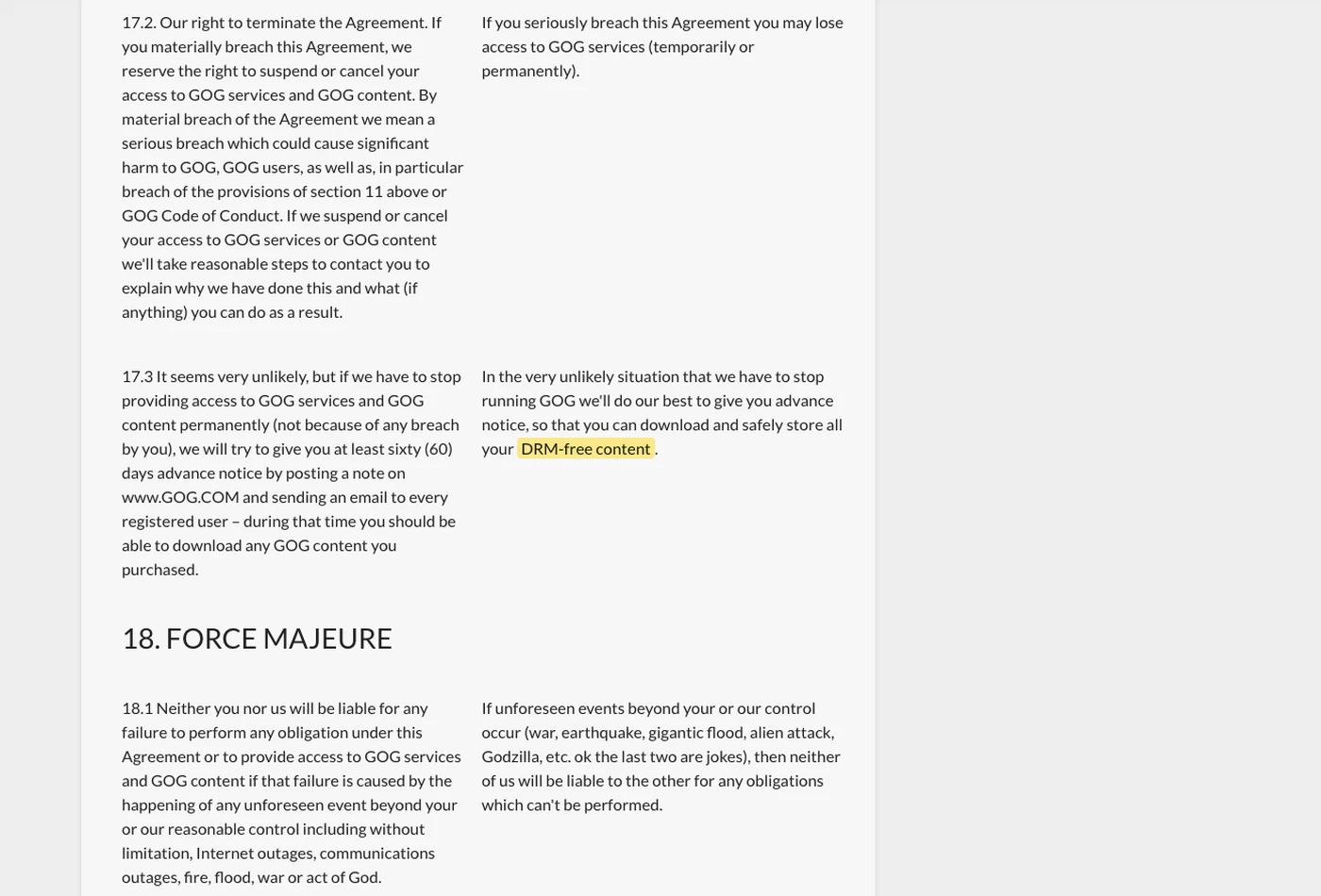 Screenshot of section 17.3, plain-English summary on support.gog.com, with the quoted phrase highlighted.