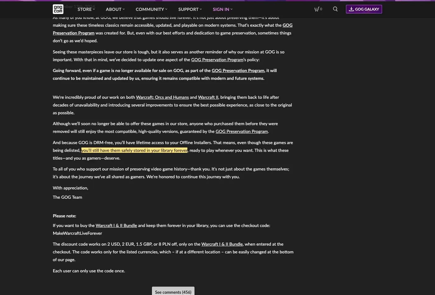 Screenshot of section News post on www.gog.com, with the quoted phrase highlighted.