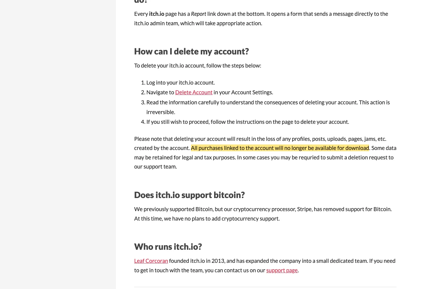 Screenshot of section FAQ on itch.io, with the quoted phrase highlighted.