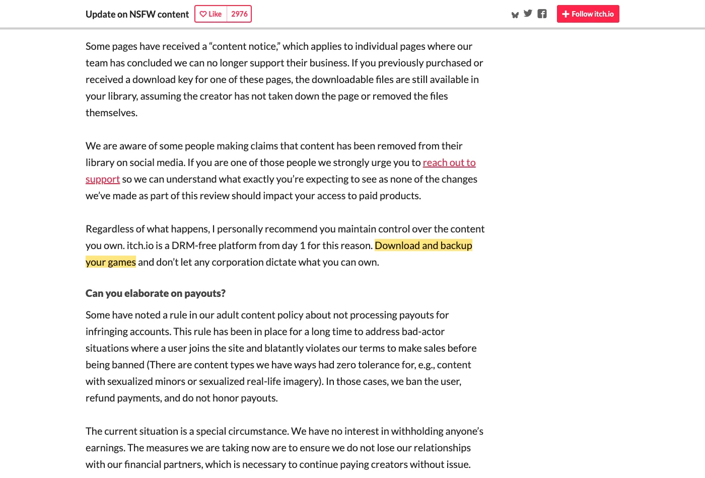 Screenshot of section Company update on itch.io, with the quoted phrase highlighted.