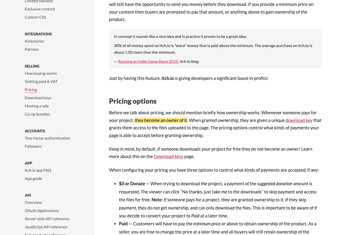 Screenshot of section Pricing options on itch.io, with the quoted phrase highlighted.