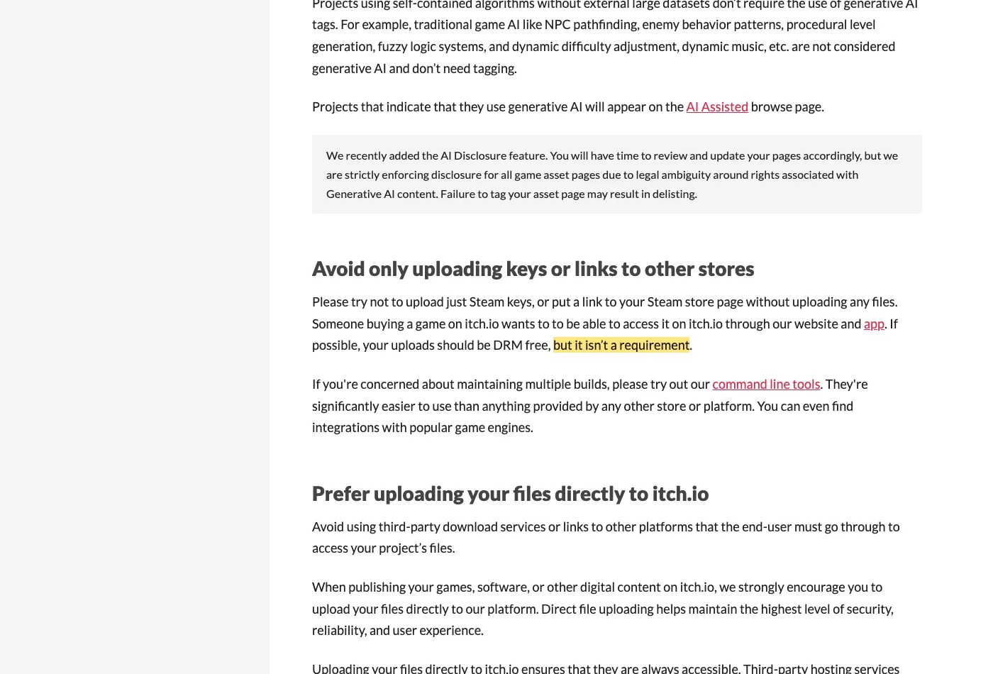 Screenshot of section Quality guidelines on itch.io, with the quoted phrase highlighted.