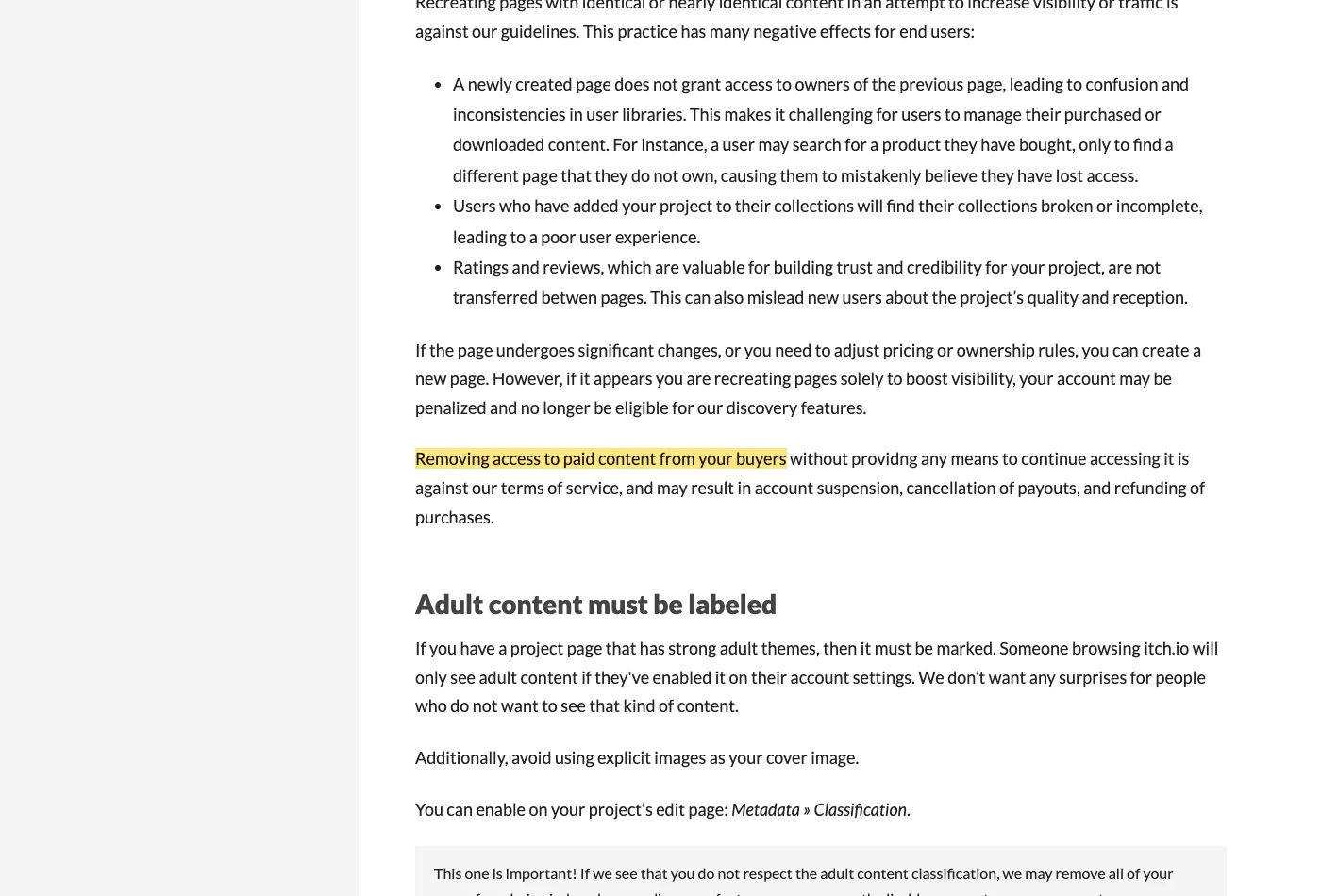 Screenshot of section Quality guidelines on itch.io, with the quoted phrase highlighted.