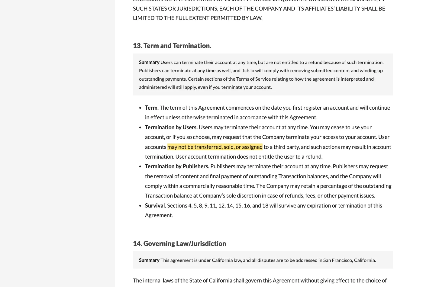 Screenshot of section 13 on itch.io, with the quoted phrase highlighted.