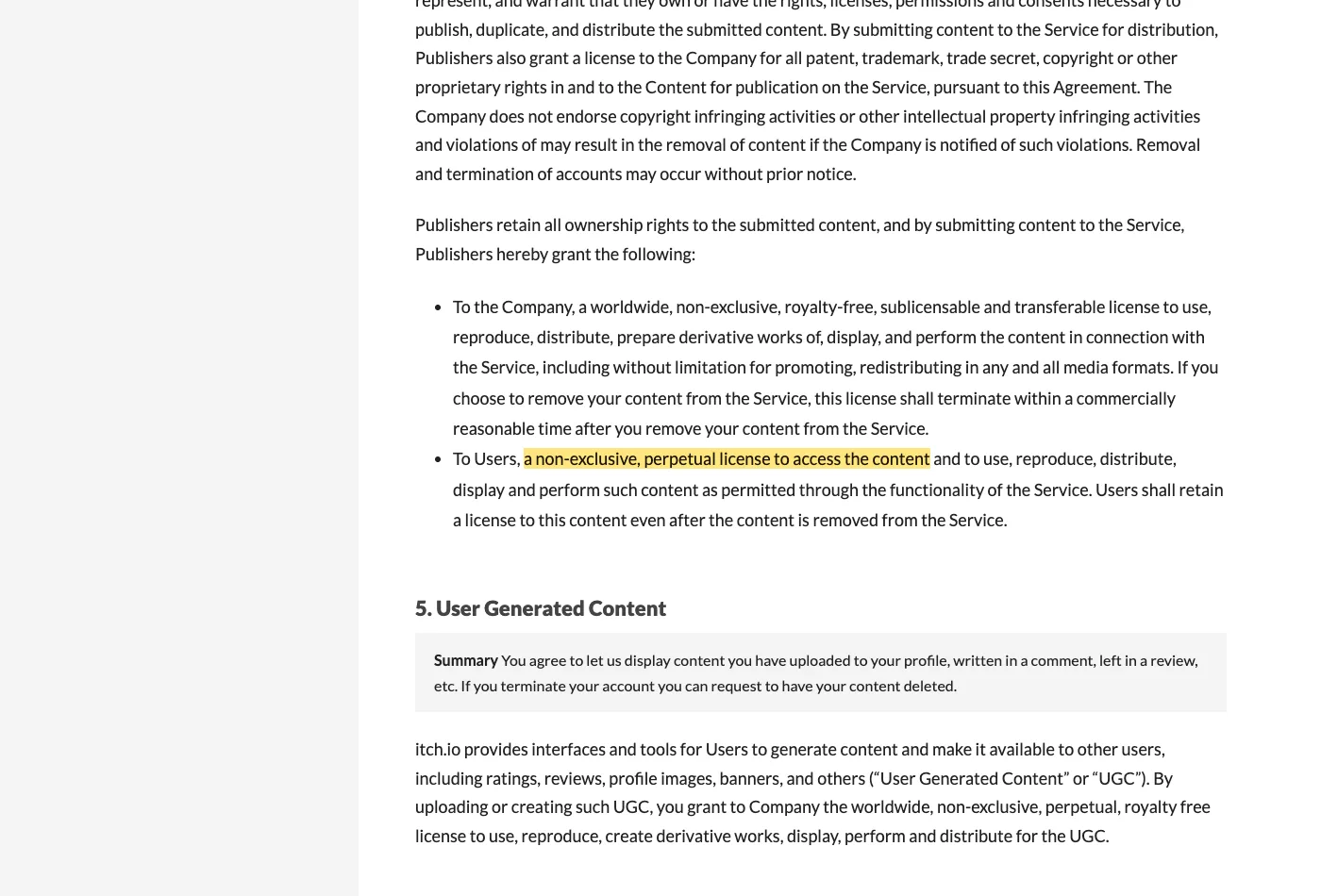 Screenshot of section 4 on itch.io, with the quoted phrase highlighted.