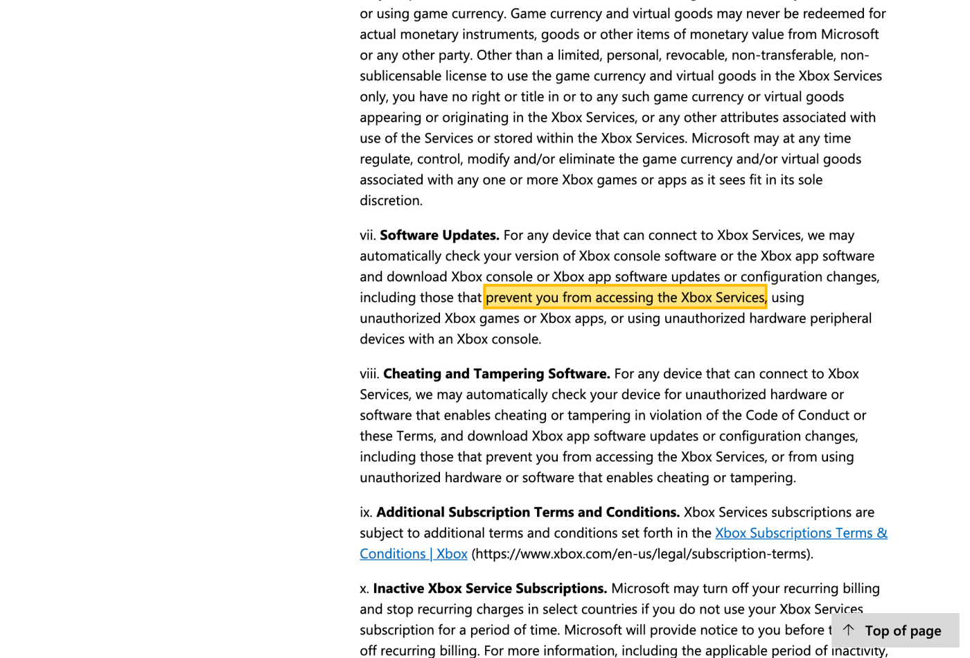 Screenshot of section 14.a.vii on www.microsoft.com, with the quoted phrase highlighted.