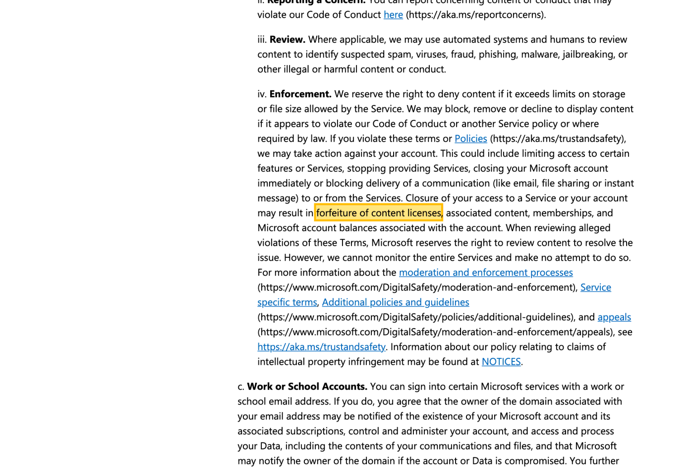 Screenshot of section 4.b.iv on www.microsoft.com, with the quoted phrase highlighted.