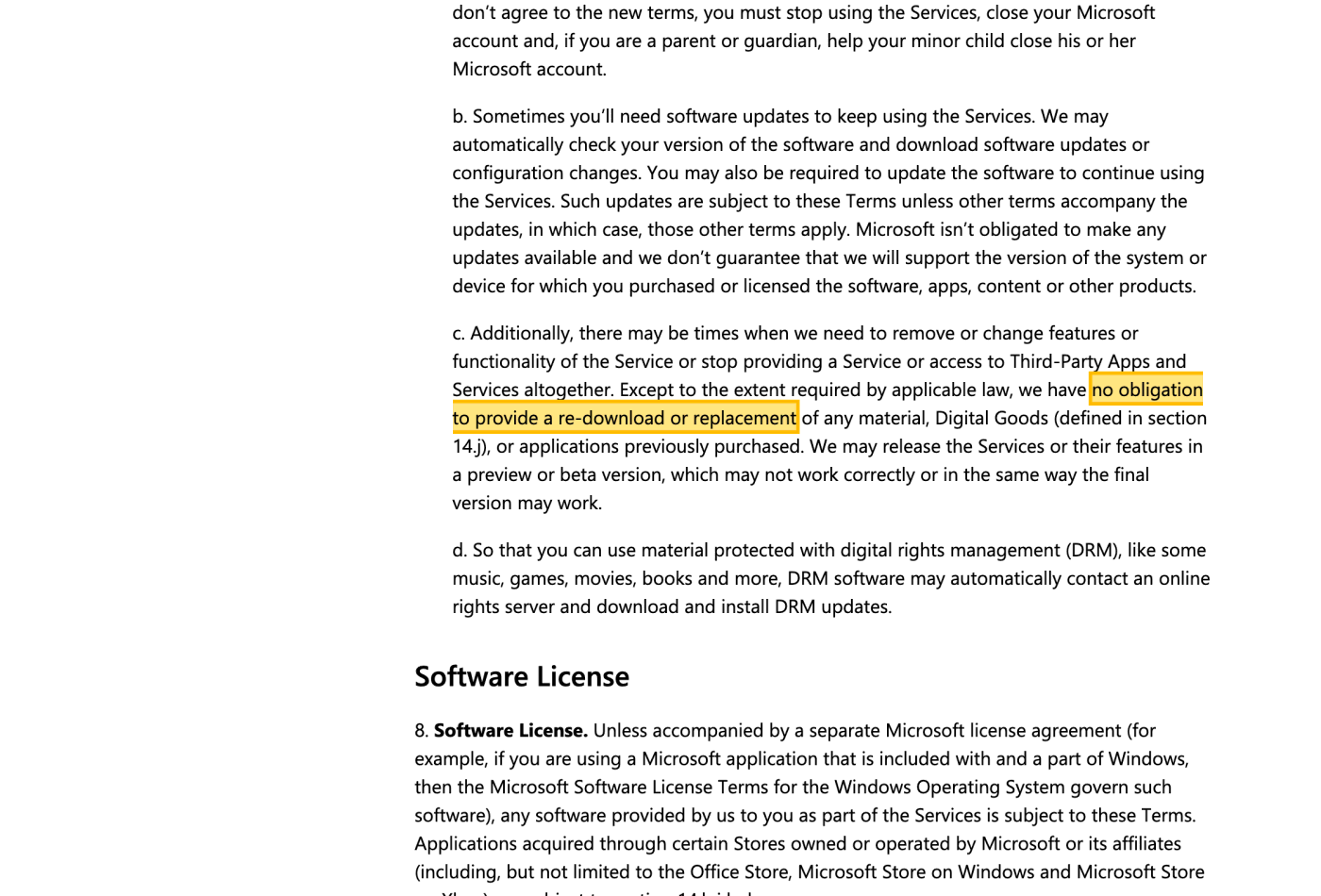 Screenshot of section 7.c on www.microsoft.com, with the quoted phrase highlighted.