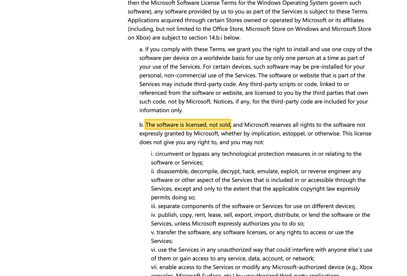 Screenshot of section 8.b on www.microsoft.com, with the quoted phrase highlighted.