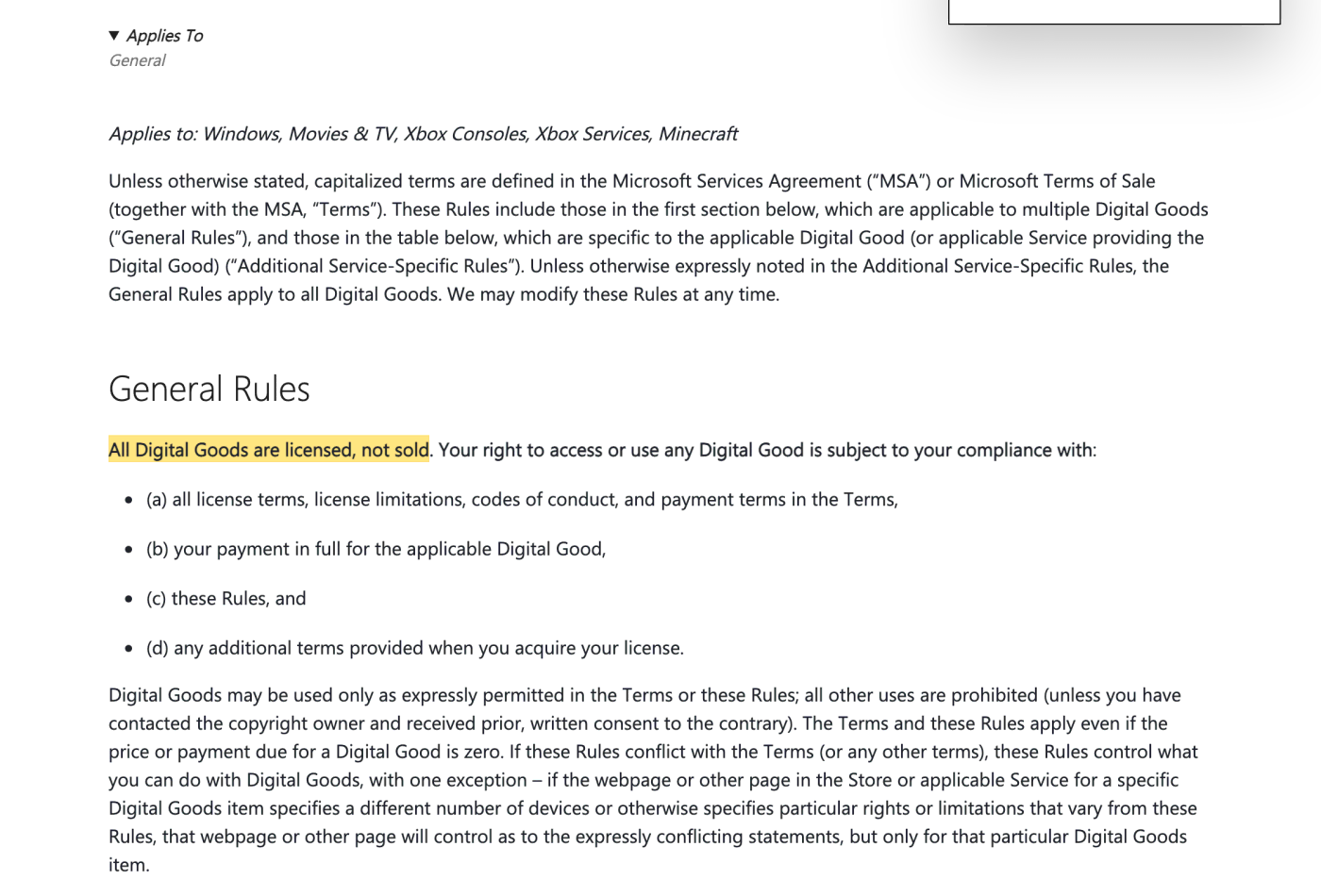 Screenshot of section General Rules on support.microsoft.com, with the quoted phrase highlighted.