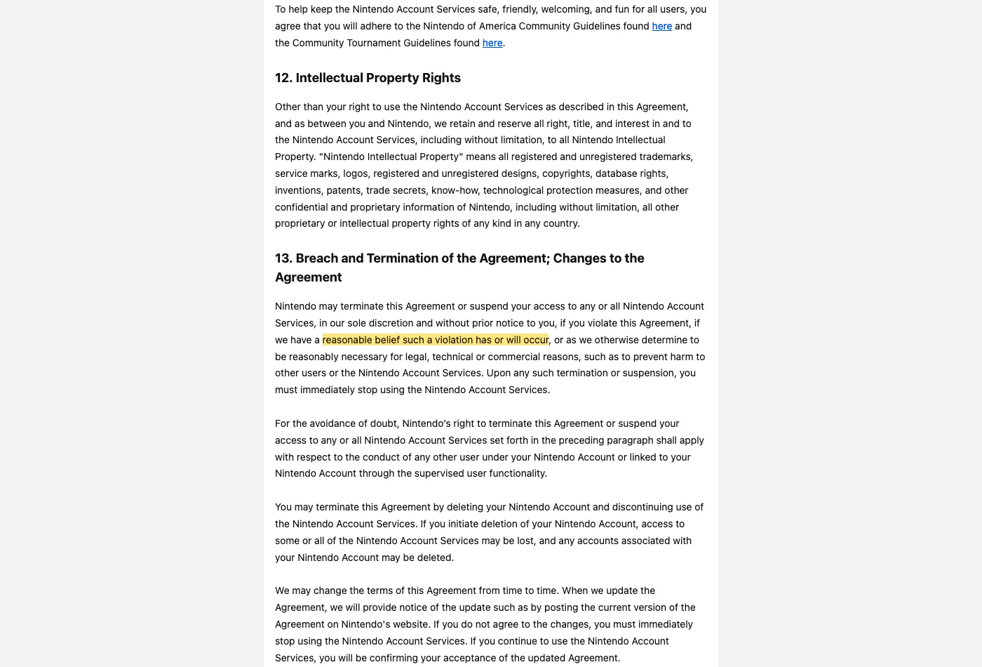 Screenshot of section 13 on accounts.nintendo.com, with the quoted phrase highlighted.