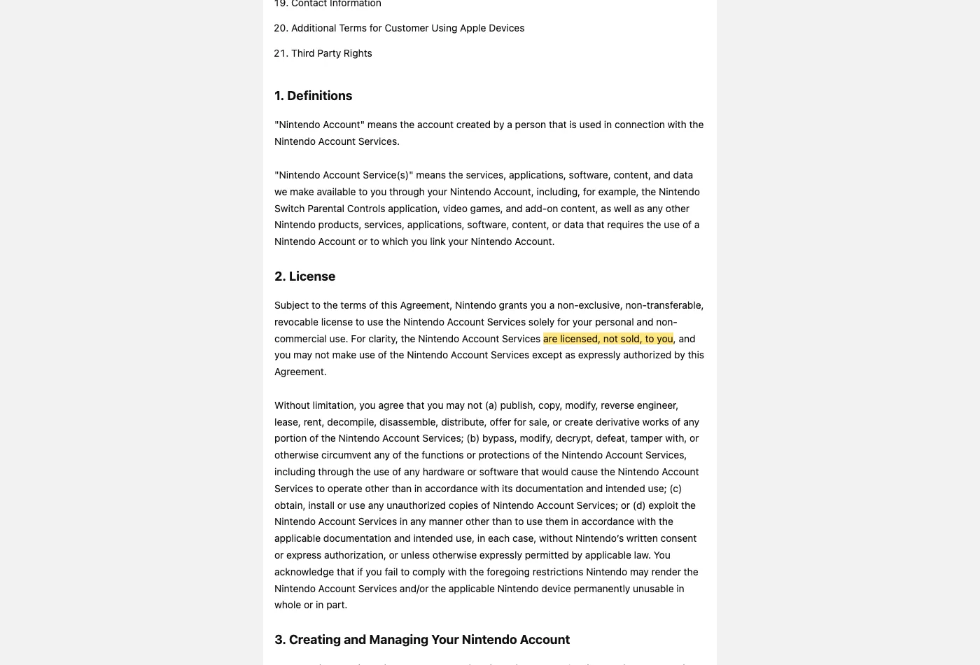 Screenshot of section 2 on accounts.nintendo.com, with the quoted phrase highlighted.