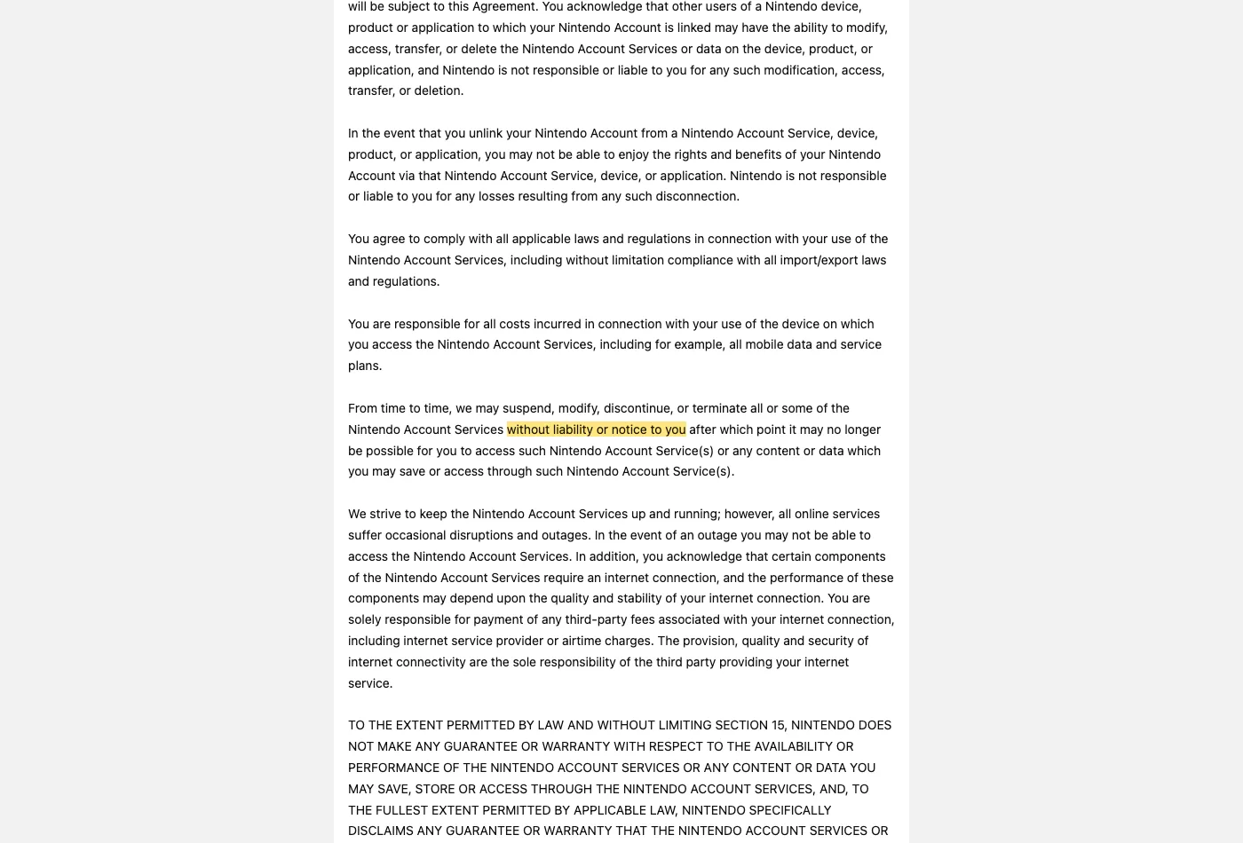 Screenshot of section 4 on accounts.nintendo.com, with the quoted phrase highlighted.