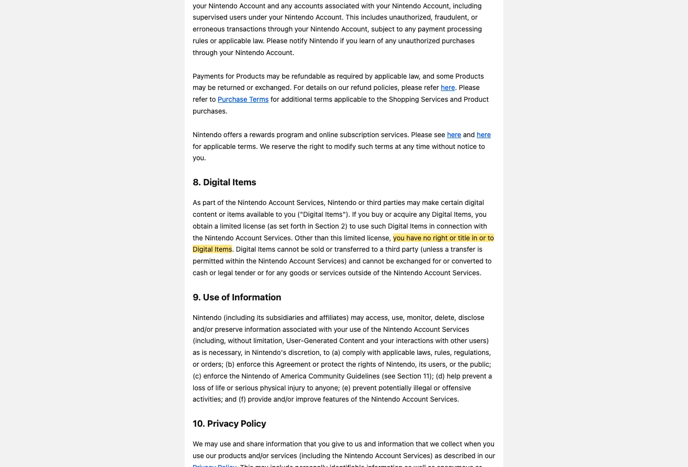 Screenshot of section 8 on accounts.nintendo.com, with the quoted phrase highlighted.
