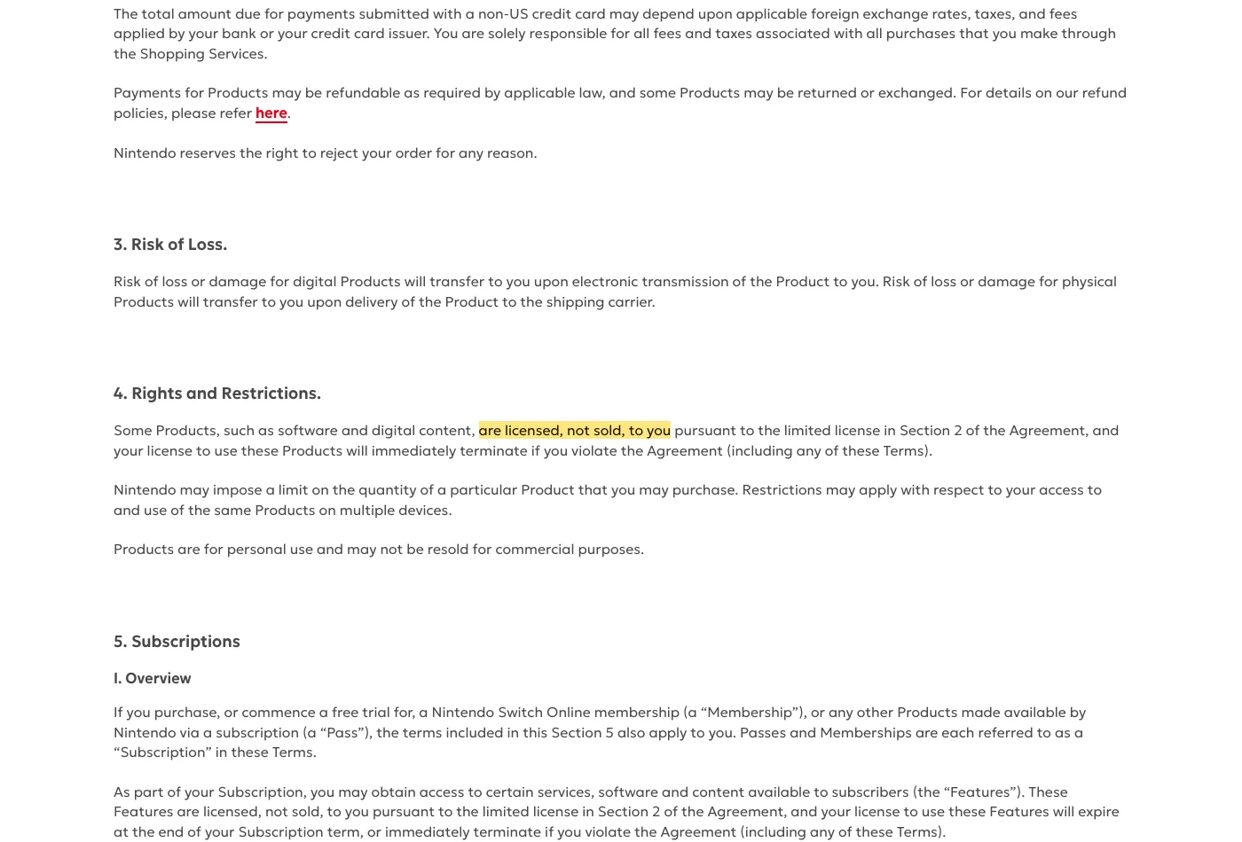 Screenshot of section 4 on www.nintendo.com, with the quoted phrase highlighted.