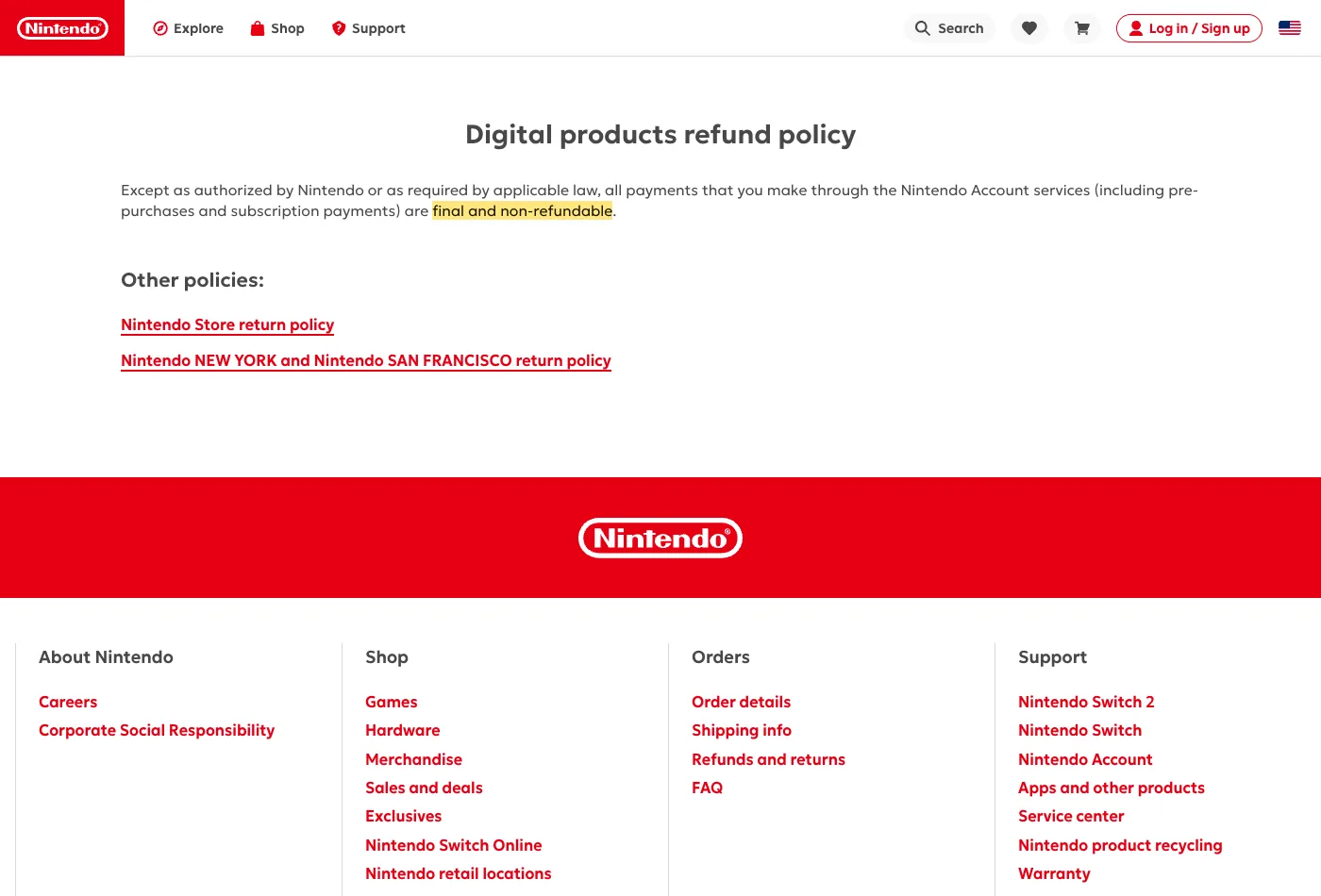 Screenshot of section Policy on www.nintendo.com, with the quoted phrase highlighted.