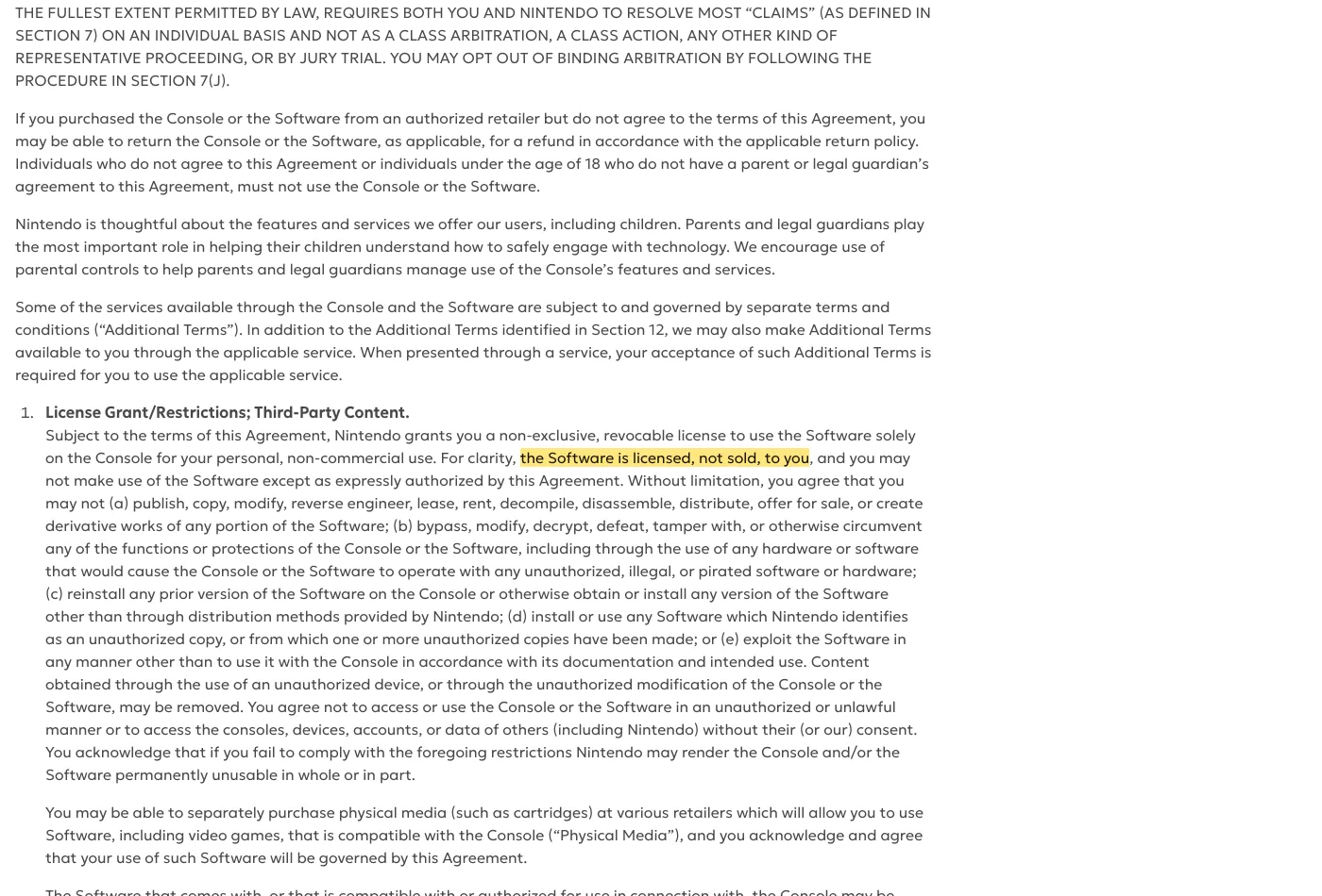 Screenshot of section 1 on en-americas-support.nintendo.com, with the quoted phrase highlighted.