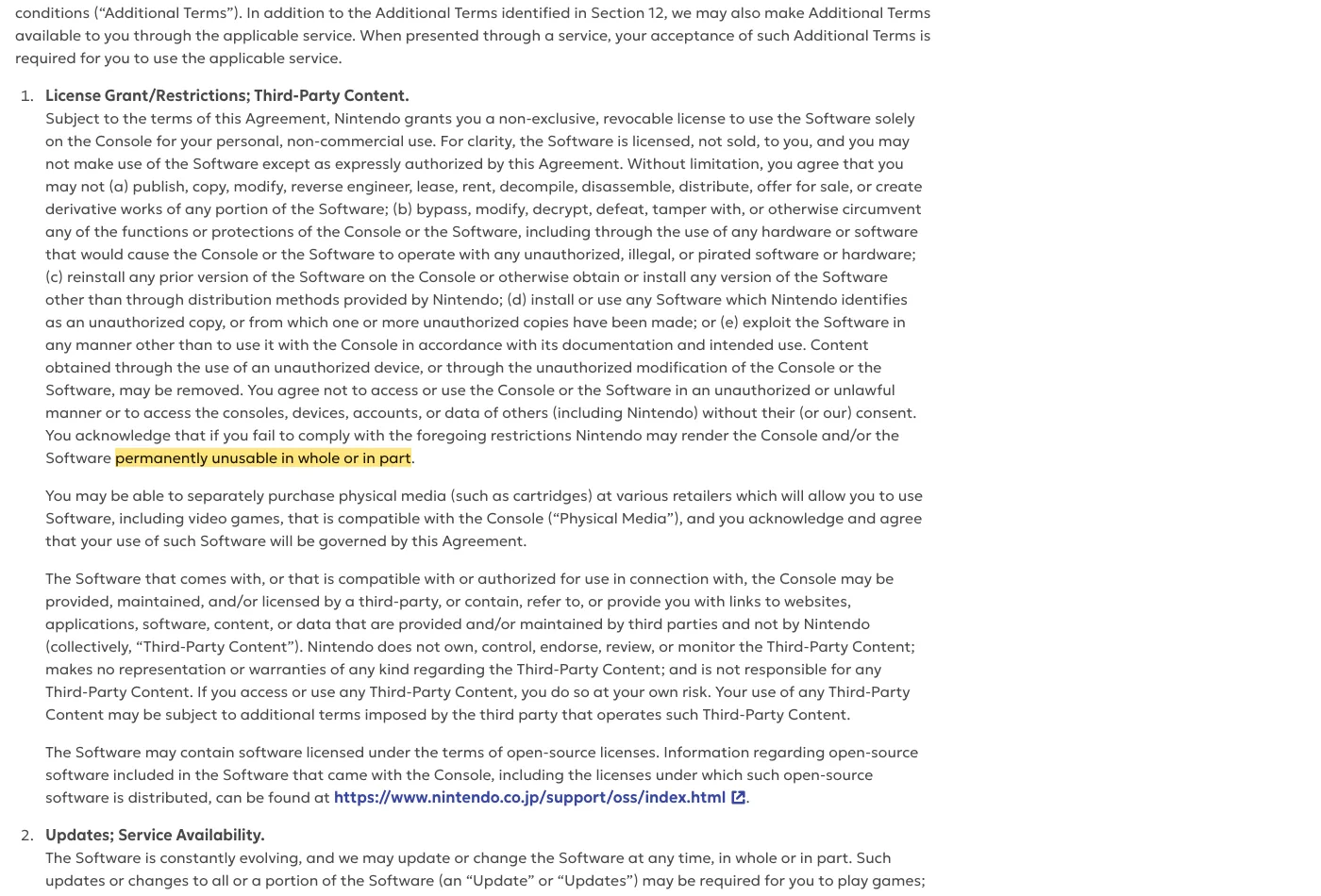 Screenshot of section 1 on en-americas-support.nintendo.com, with the quoted phrase highlighted.