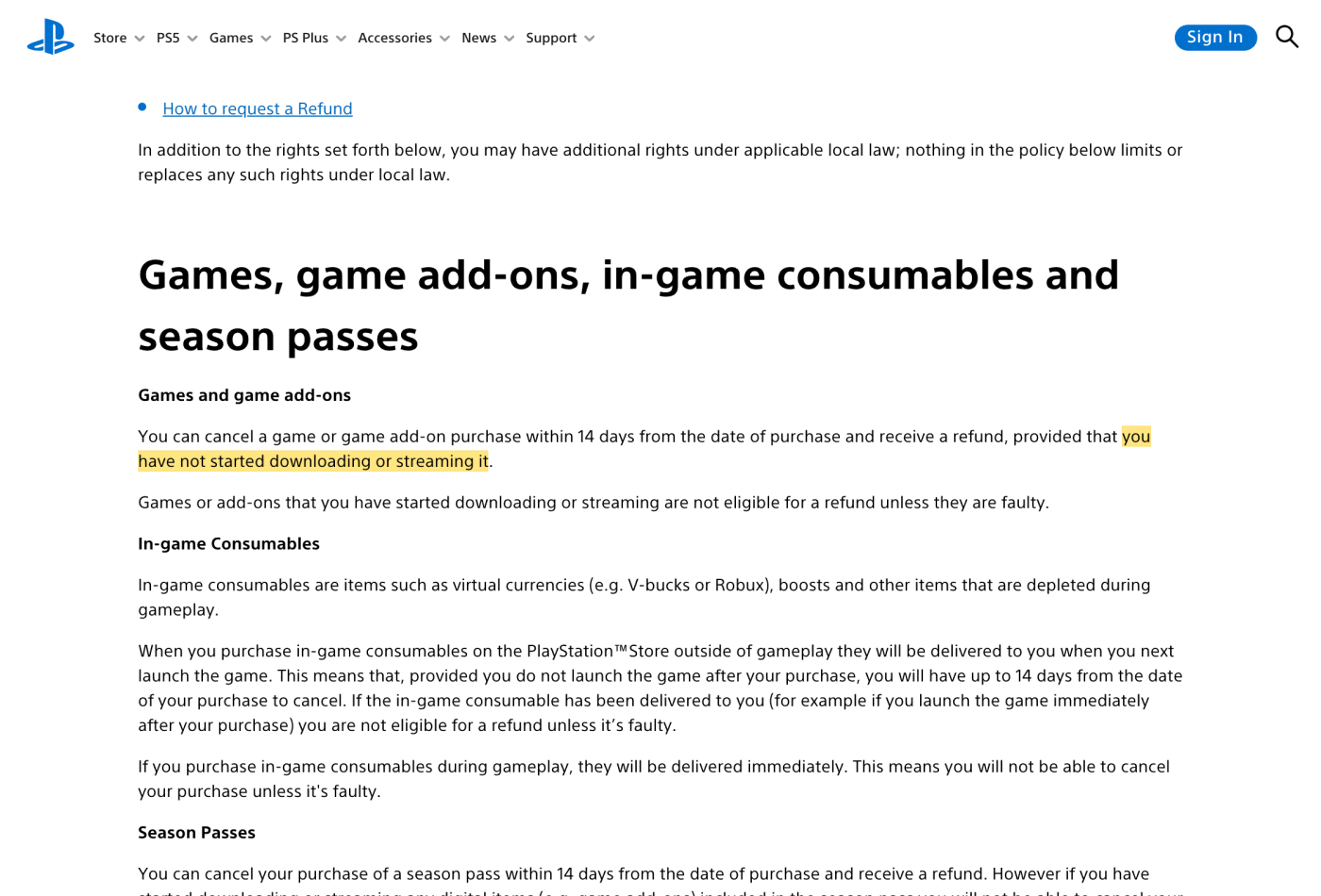 Screenshot of section Games and game add-ons on www.playstation.com, with the quoted phrase highlighted.