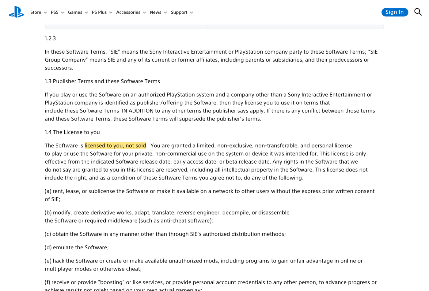 Screenshot of section 1.4 on www.playstation.com, with the quoted phrase highlighted.