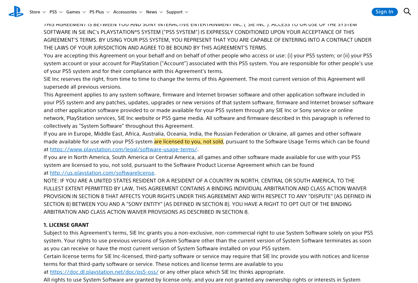 Screenshot of section Opening clause on www.playstation.com, with the quoted phrase highlighted.