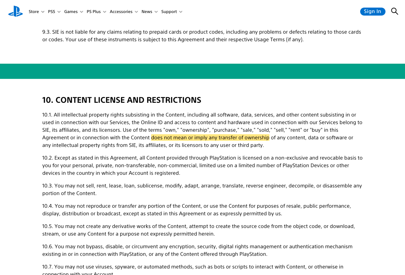 Screenshot of section 10.1 on www.playstation.com, with the quoted phrase highlighted.
