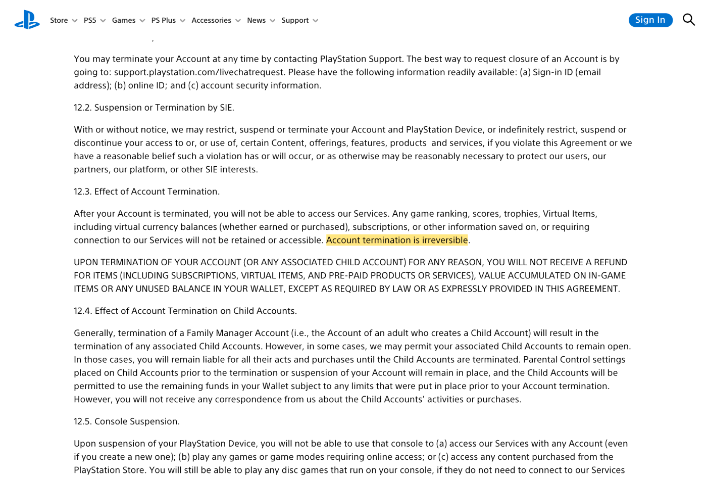 Screenshot of section 12.3 on www.playstation.com, with the quoted phrase highlighted.