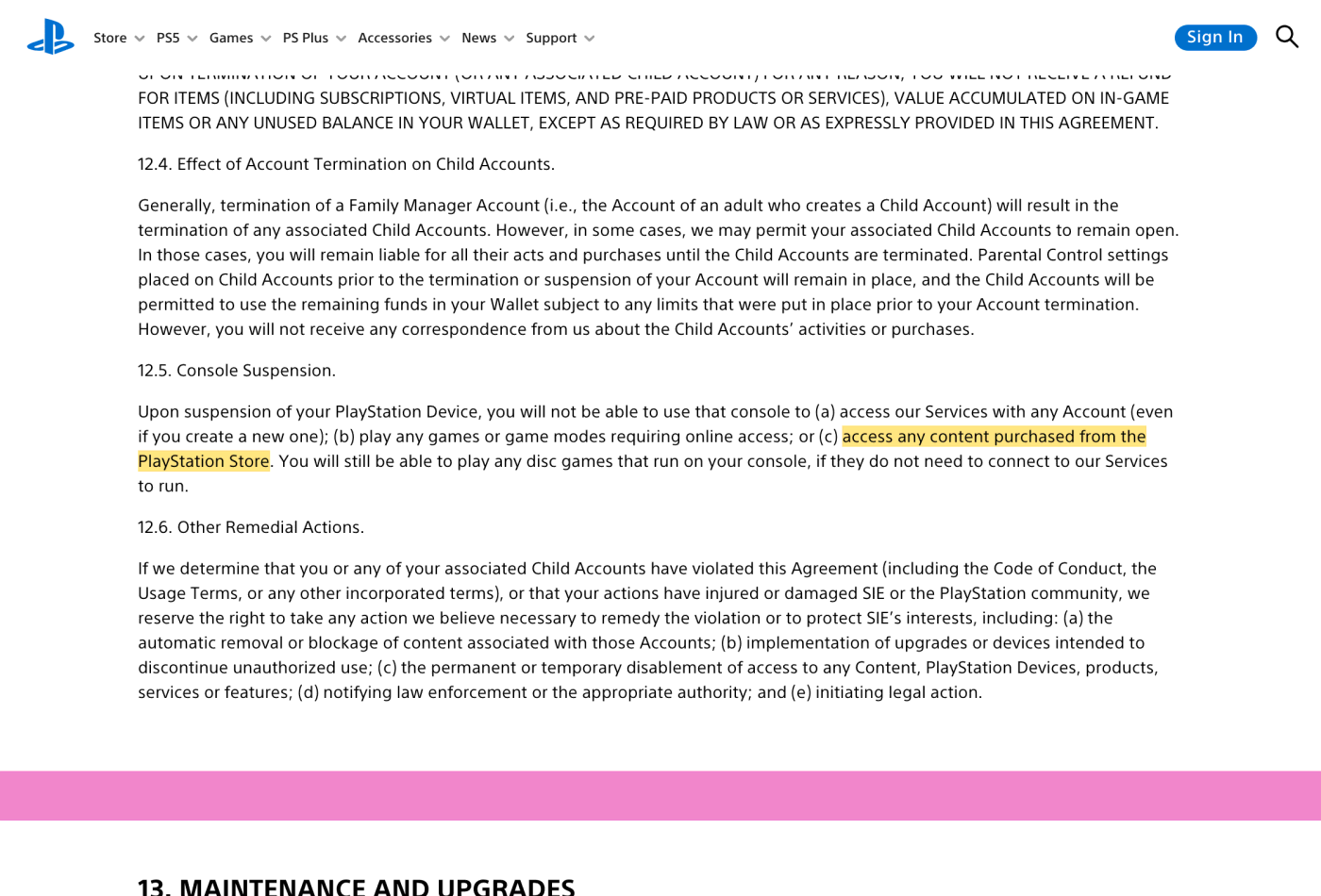 Screenshot of section 12.5 on www.playstation.com, with the quoted phrase highlighted.