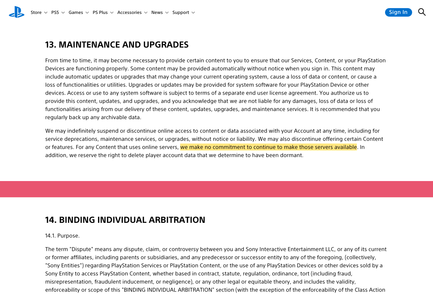 Screenshot of section 13 on www.playstation.com, with the quoted phrase highlighted.