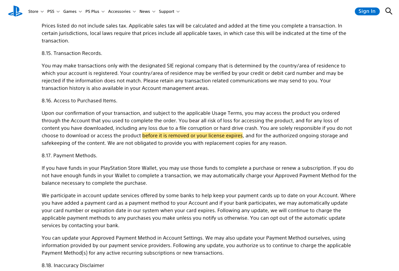 Screenshot of section 8.16 on www.playstation.com, with the quoted phrase highlighted.