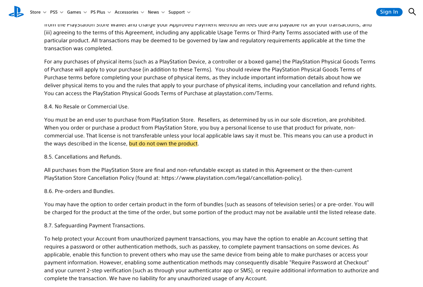 Screenshot of section 8.4 on www.playstation.com, with the quoted phrase highlighted.