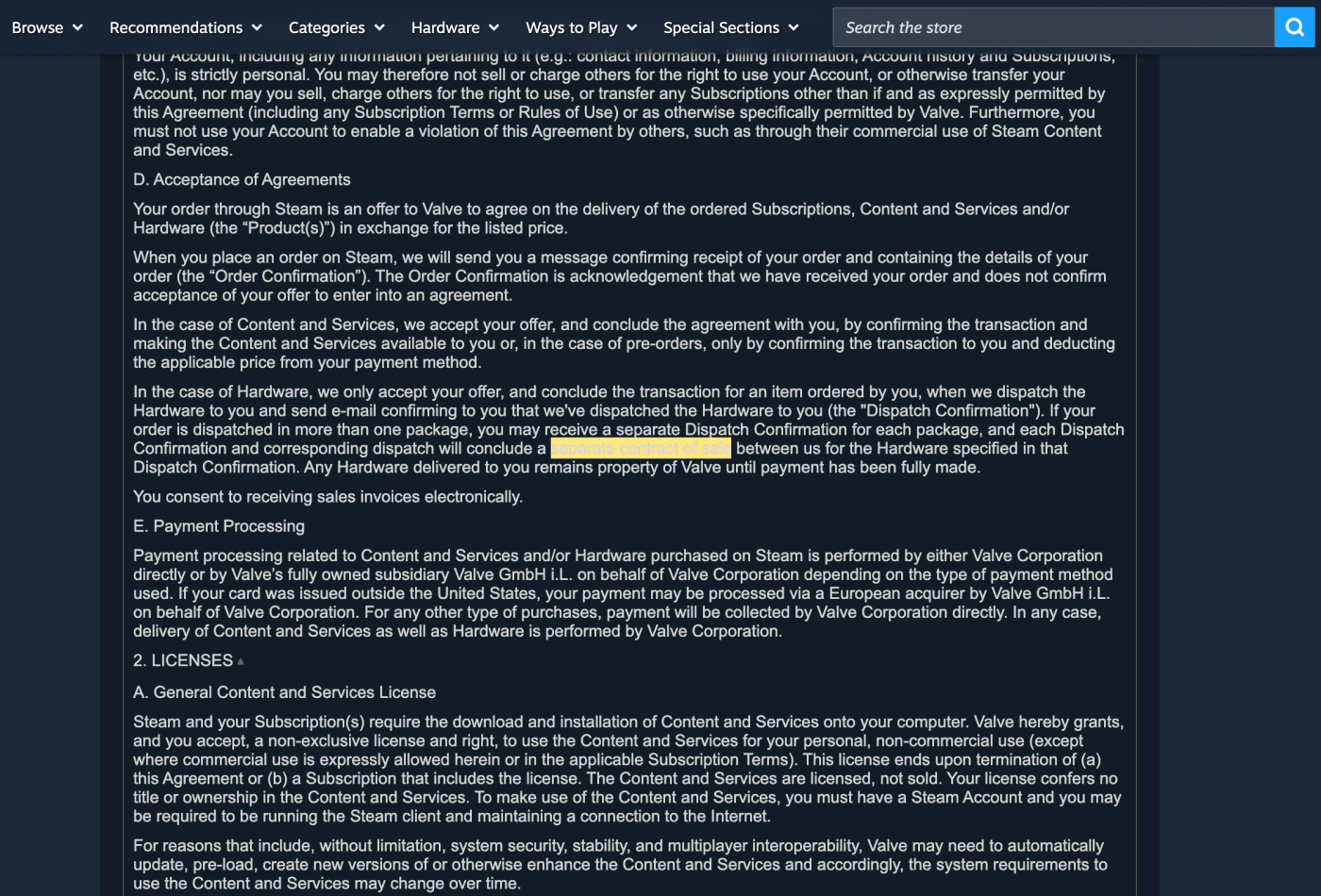 Screenshot of section 1.D on store.steampowered.com, with the quoted phrase highlighted.