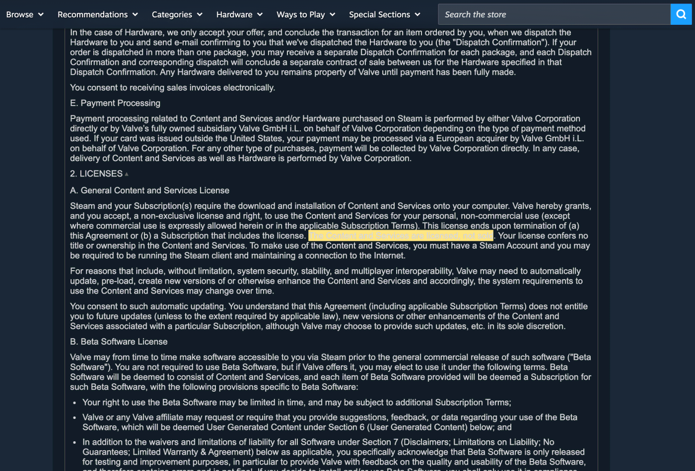 Screenshot of section 2.A on store.steampowered.com, with the quoted phrase highlighted.