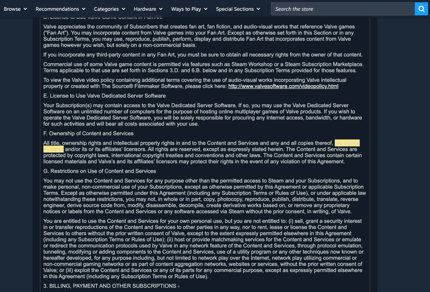 Screenshot of section 2.F on store.steampowered.com, with the quoted phrase highlighted.