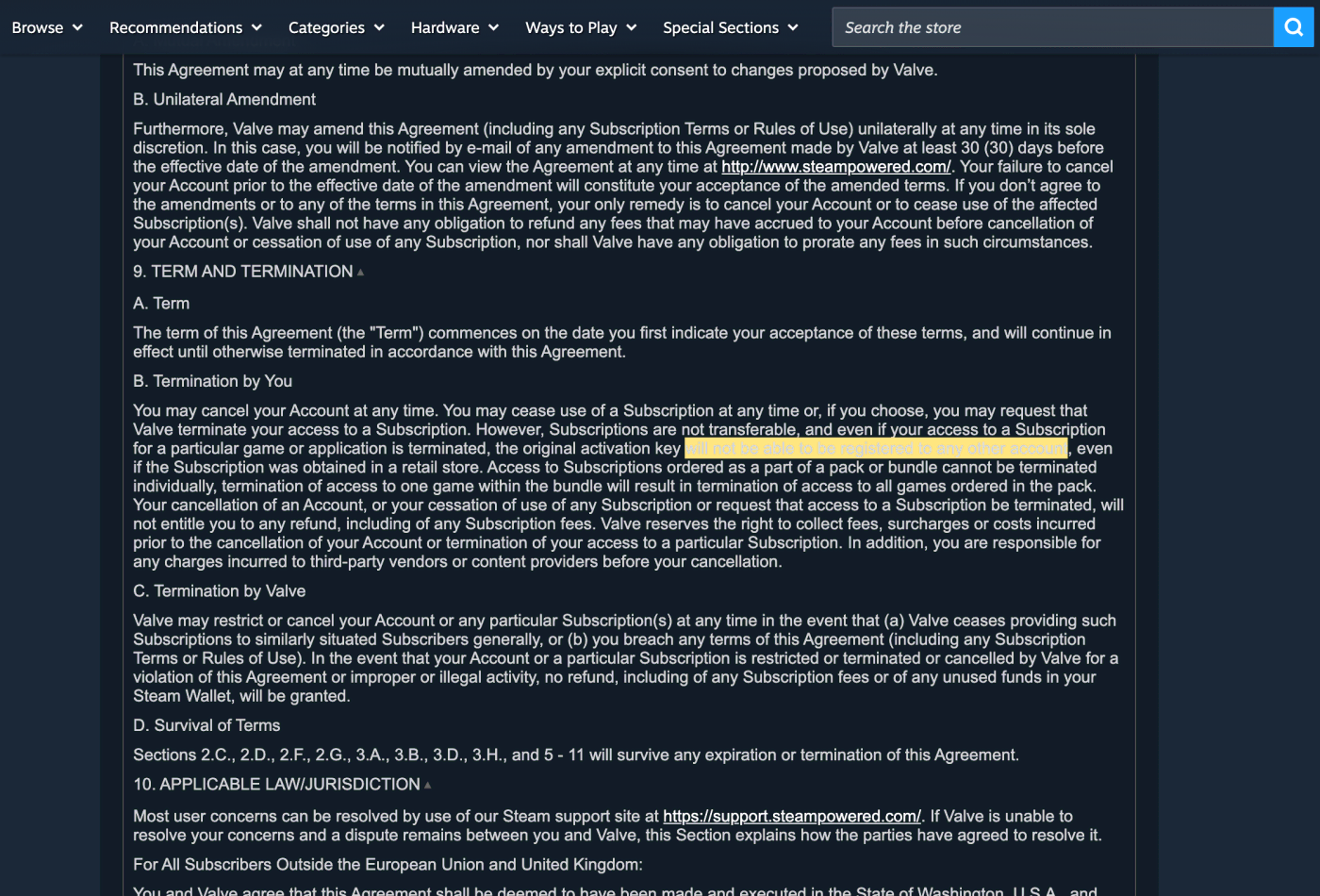 Screenshot of section 9.B on store.steampowered.com, with the quoted phrase highlighted.