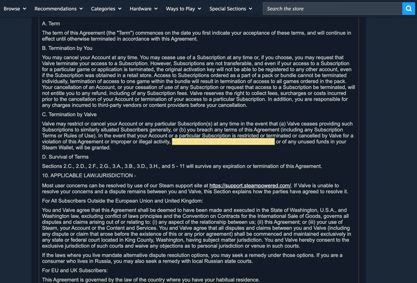 Screenshot of section 9.C on store.steampowered.com, with the quoted phrase highlighted.